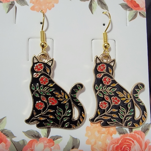 Gold-Tone Floral Black Cat Earrings - Picture 2 of 4